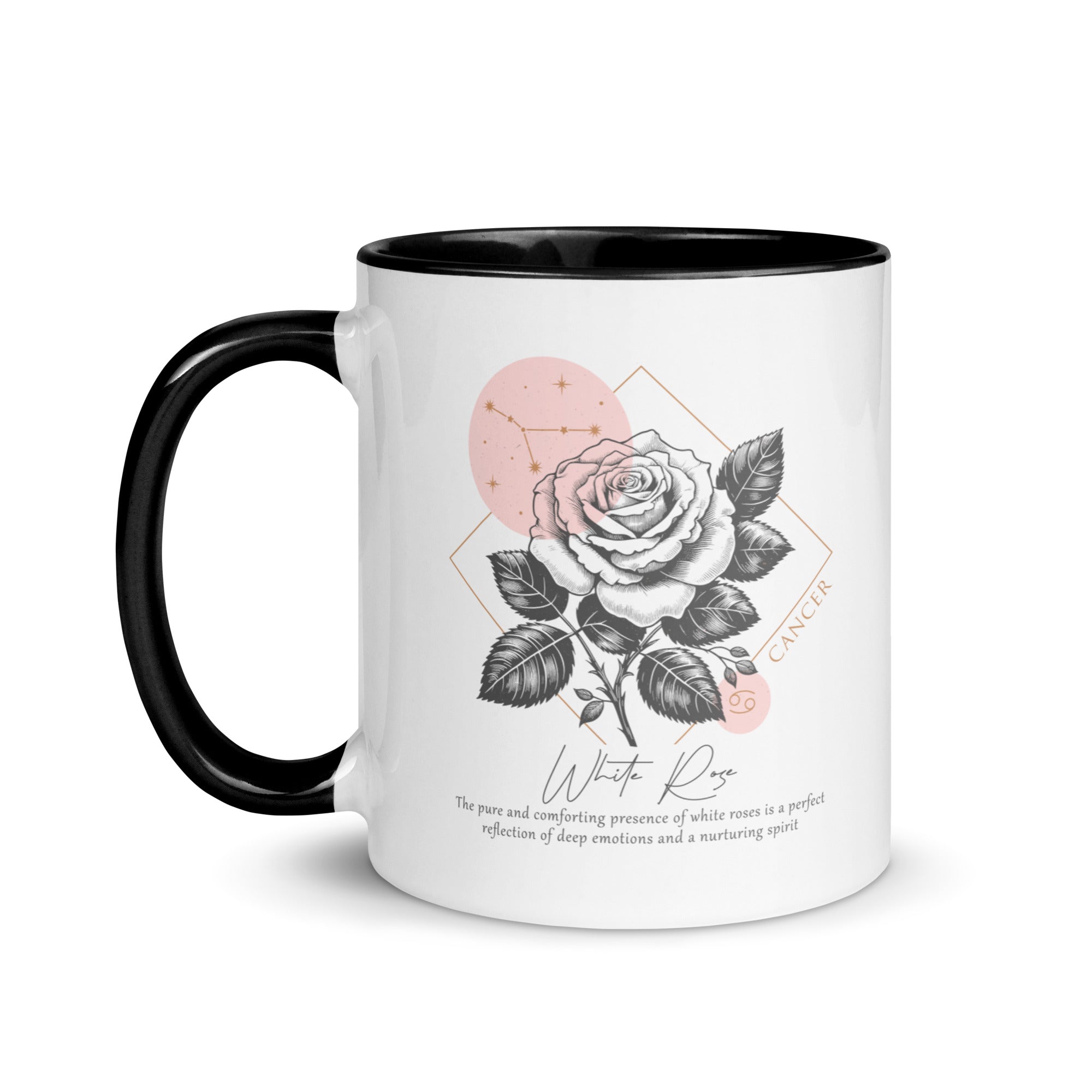 Cancer Zodiac White Rose Birth Flower 11 oz Mug with Black Handle - https://ascensionemporium.net